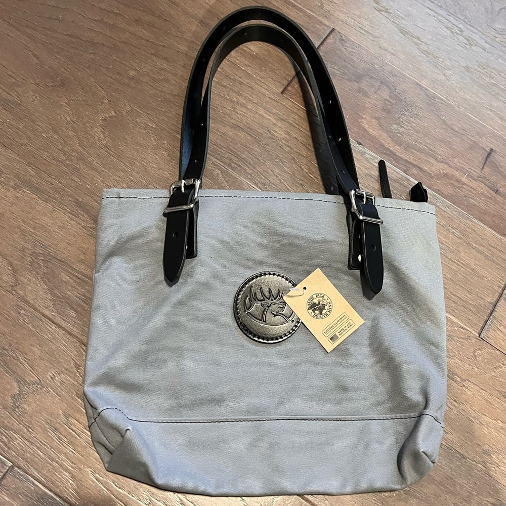 Gray Canvas Tote with Black Leather Handles